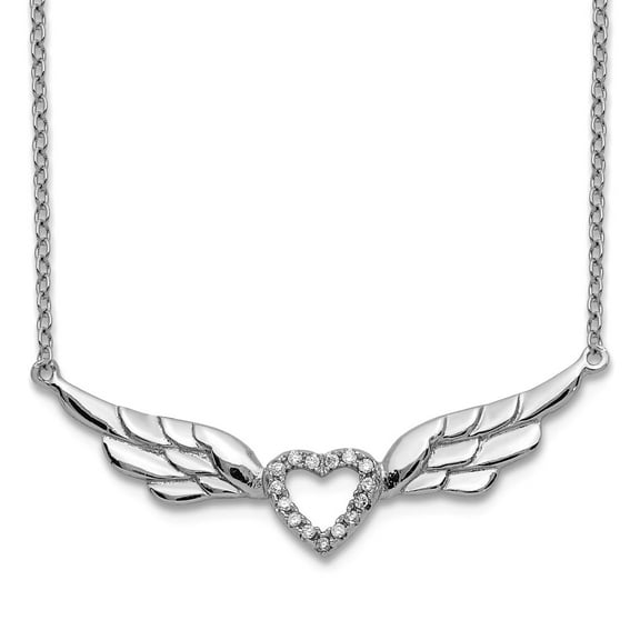 925 Sterling Silver Rhodium Plated Cubic Zirconia Love Heart With Angel Wings W/1inch Ext Necklace 16 Inch 35.65mm Wide