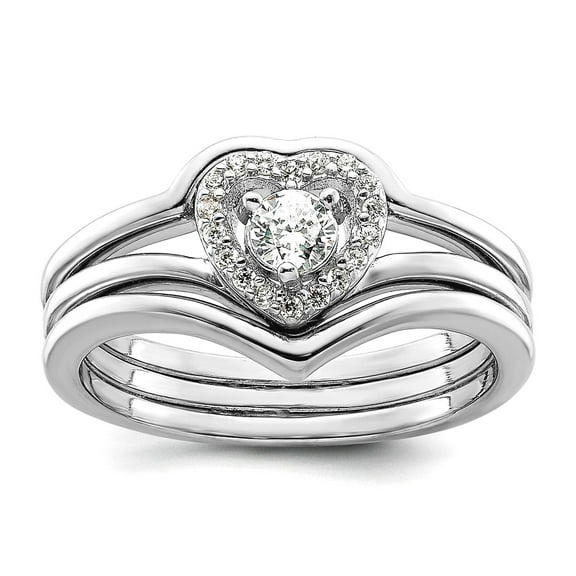 925 Sterling Silver Rhodium Plated Cubic Zirconia Love Heart and Bands Three Ring Set Size 8 1.2mm Wide Statement Ring f