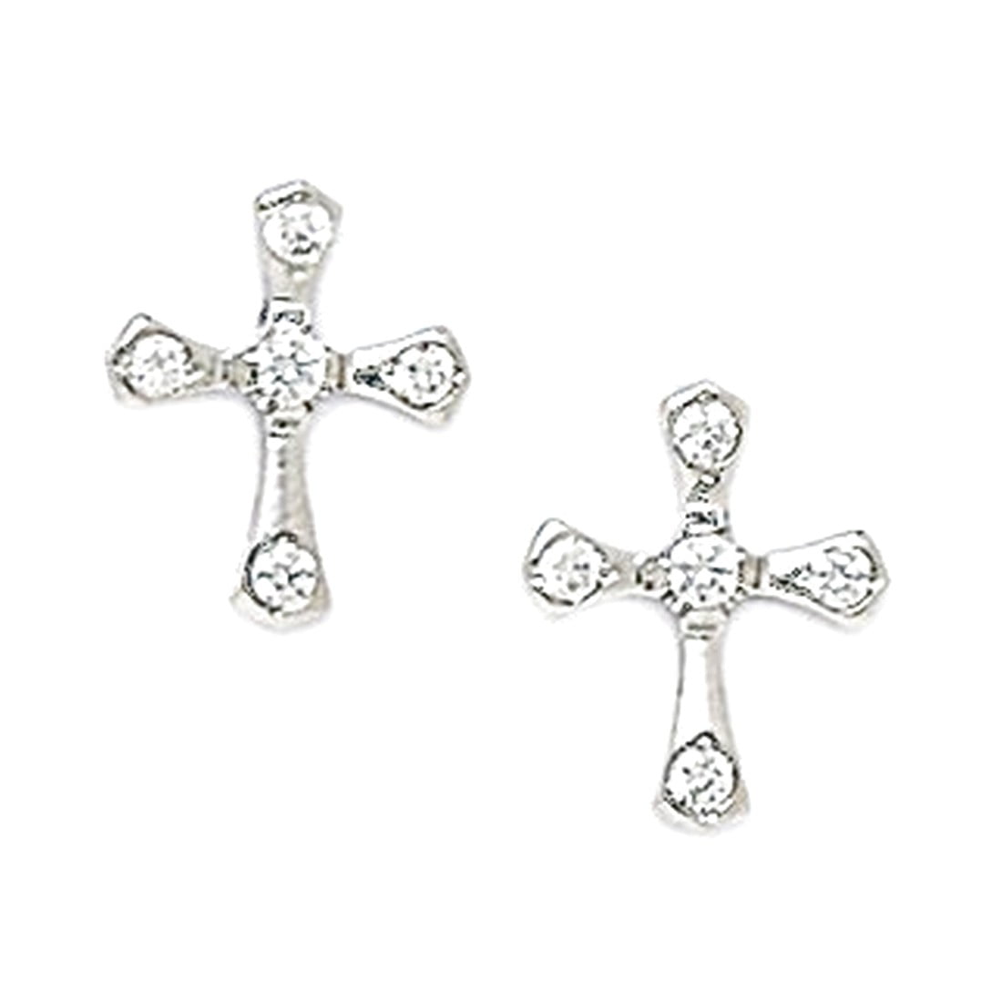 925 Sterling Silver Rhodium Plated Cubic Zirconia Medium Religious Faith Cross Screw Back Earrings 12x10mm Stud Earring