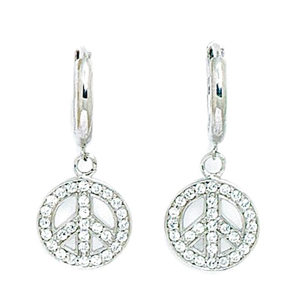925 Sterling Silver Rhodium Plated Cubic Zirconia Peace Sign Drop Hinged Earrings 25x10mm Stud Earring for Women