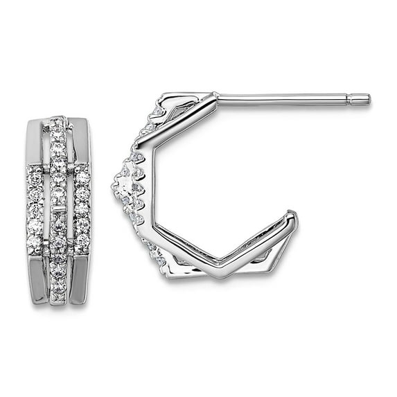 925 Sterling Silver Rhodium Plated Cubic Zirconia Polished Post J-hoop Earrings 13.3x13.3mm Wide 4.2mm Thick Hoop Earrin