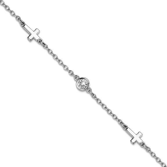 925 Sterling Silver Rhodium Plated Cubic Zirconia Religious Faith Cross With 1inch Extension Bracelet 7 Inch Link Bracel