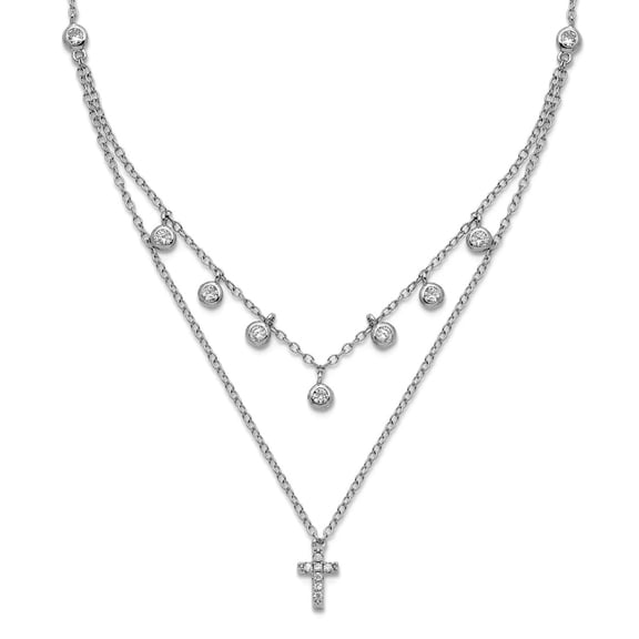 925 Sterling Silver Rhodium Plated Cubic Zirconia Religious Faith Cross With 2inch Ext. Necklace 16 Inch 0.375mm Wide Pe