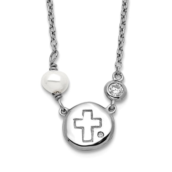 925 Sterling Silver Rhodium Plated Cubic Zirconia Religious Faith Cross and Fwc Pearl With 2inch Ext Necklace 16 Inch 0.