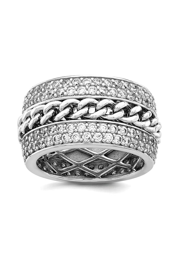 925 Sterling Silver Rhodium Plated Cubic Zirconia Spinning Chain Center Ring Size 7 Ring for Women and Men