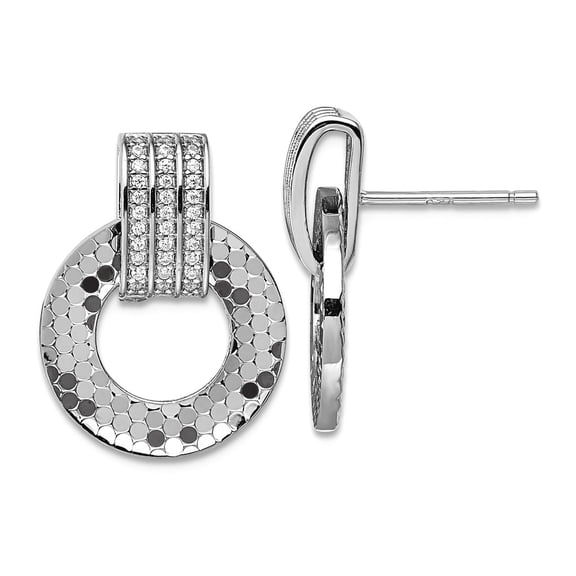 925 Sterling Silver Rhodium Plated Cubic Zirconia Textured Moveable Circle Dangle Post Earrings 19x14.3mm Wide Dangle Ea
