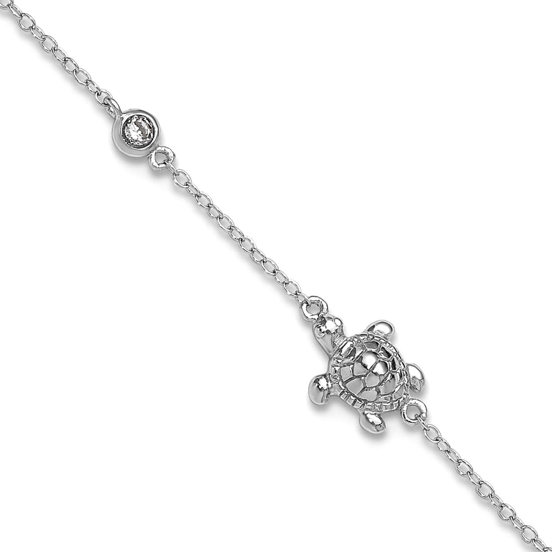 925 Sterling Silver Rhodium Plated Cubic Zirconia Turtle With 2inch Ext Anklet 9 Inch 8.7mm Wide Anklet for Women