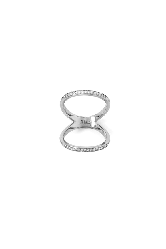 925 Sterling Silver Rhodium Plated CZ Double Band Knuckle Ring 2mm Channel Set 1mm CZs Base of Ring for Women and Men