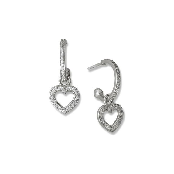 925 Sterling Silver Rhodium Plated CZ Love Heart Charm Hoop Earrings 3/4 Lined CZs Have an CZ Outline 1mm Bonus: Remove