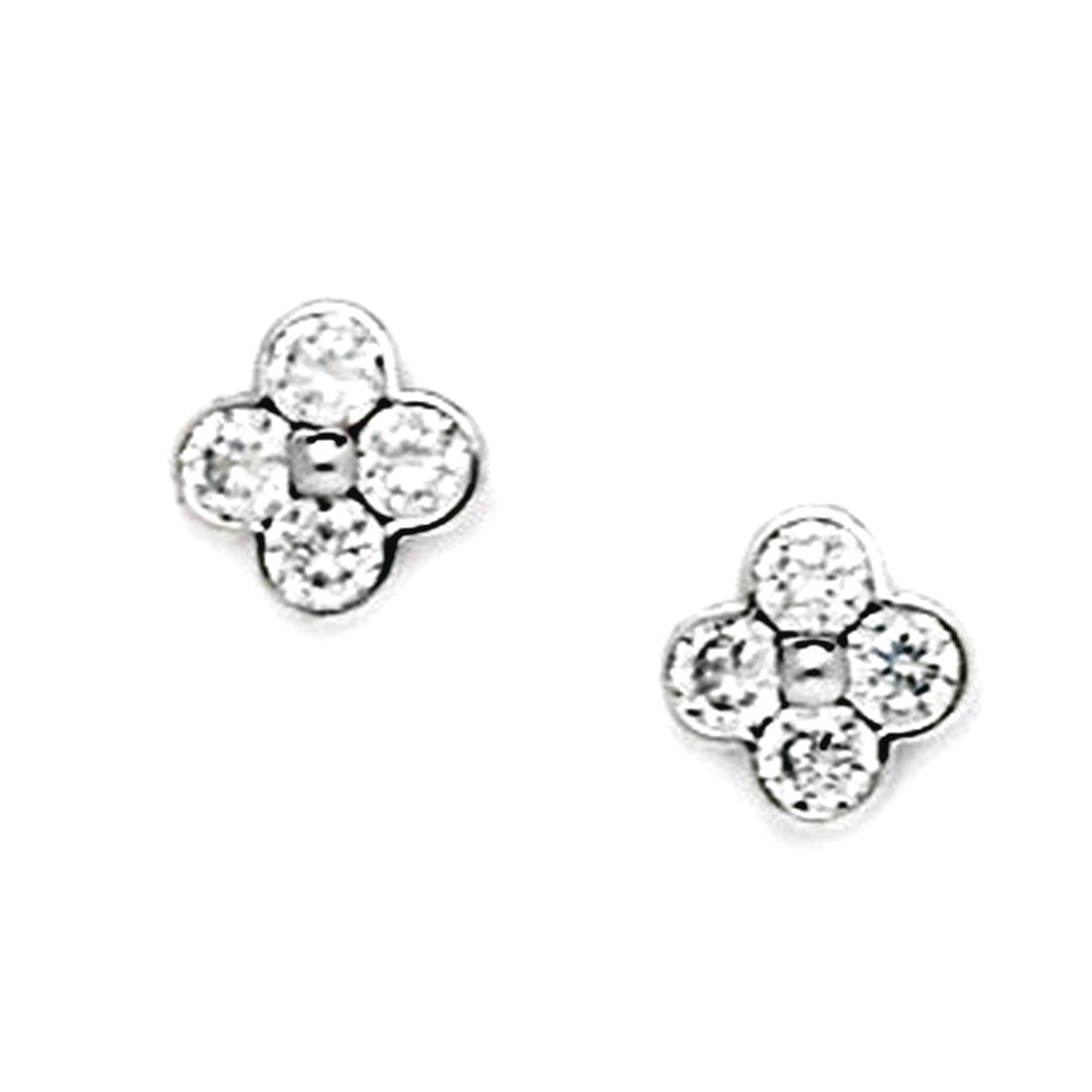 925 Sterling Silver Rhodium Plated CZ Medium 4 Petal Flower Screw Back Earrings 8x8mm Stud Earring for Women