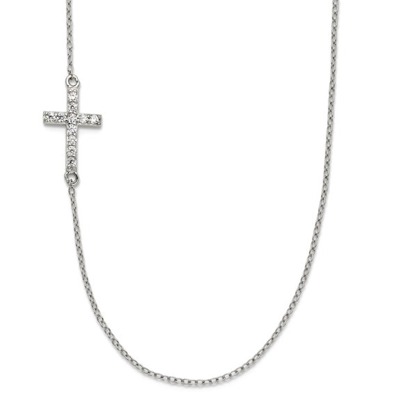 925 Sterling Silver Rhodium Plated CZ Offset Sideways Religious Faith Cross With 2 Inch Extension Necklace 18 Inch Penda