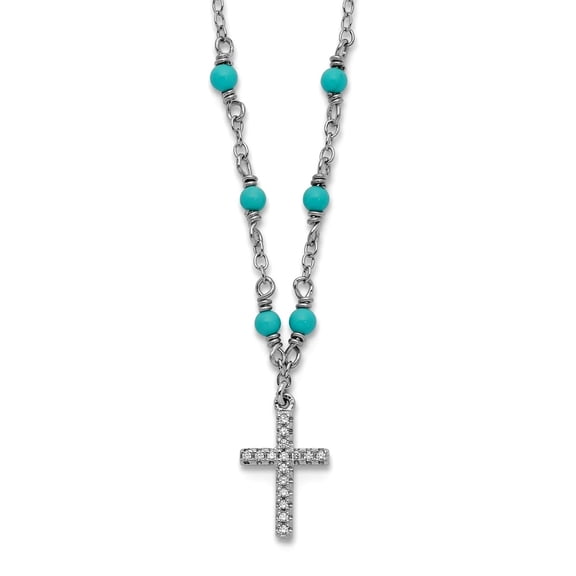 925 Sterling Silver Rhodium Plated CZ Religious Faith Cross Pendant Simulated Turquoise 2inch Ext Necklace 16 Inch Penda