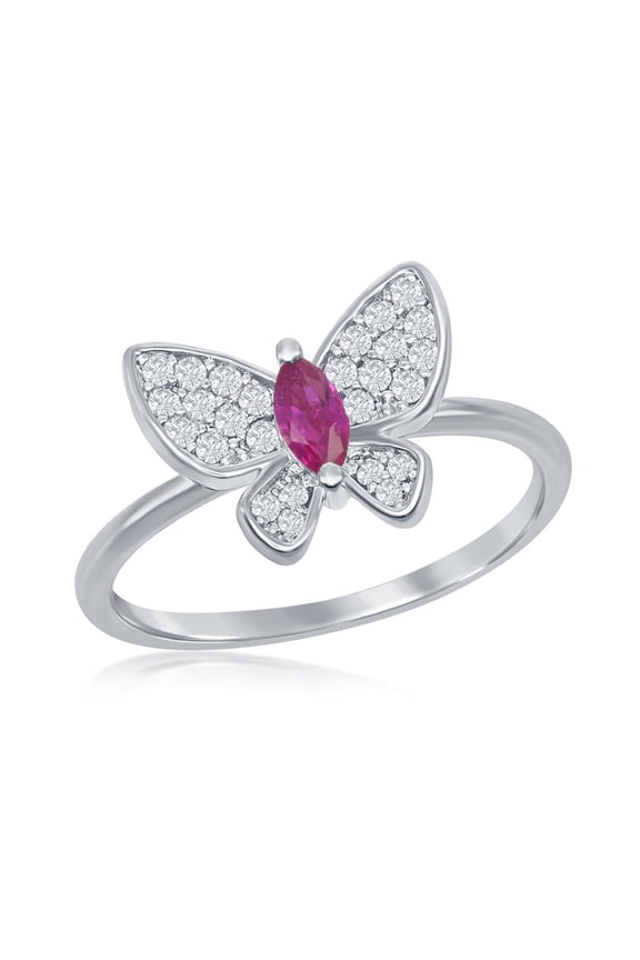 925 Sterling Silver Rhodium Plated Center Marquise-Shaped Simulated Ruby and Round White Cubic Zirconia Dainty Butterfly Ring Jewelry for Women or Teens (ruby and white/size 8)