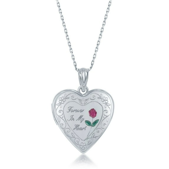 925 Sterling Silver Rhodium Plated Center Matte Laser Engraved Forever in My Heart Flower Design Heart Locket 18’’ Pendant Necklace Jewelry for Women or Teens