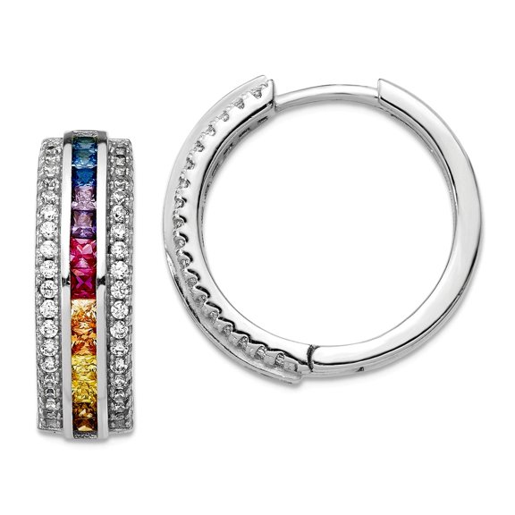 925 Sterling Silver Rhodium Plated Channel Set Colorful Cubic Zirconia Hoop Earrings 21.75x22.4mm Wide 6.75mm Thick Hoop