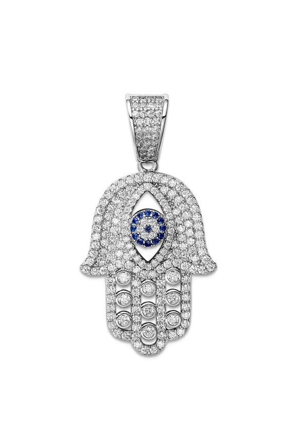 925 Sterling Silver Rhodium Plated Created Spinel and White Cubic Zirconia Hamsa Pendant Necklace 37.68x20.56mm Wide 5.8