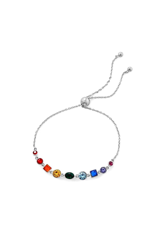 925 Sterling Silver Rhodium Plated Crystal Rainbow Bolo Bracelet Bright Adjustable Friendship in 3.7mm B Link Bracelet f