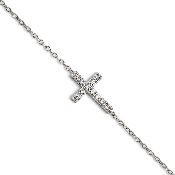 925 Sterling Silver Rhodium Plated Cubic Zirconia Sideways Religious Faith Cross With 1 Inch Extension Bracelet 8 Inch L