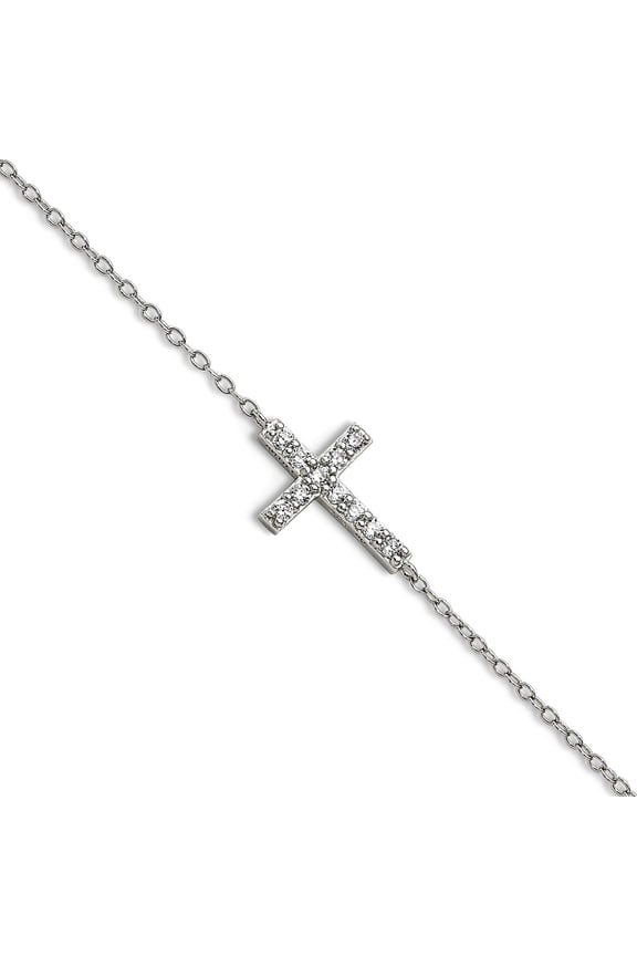 925 Sterling Silver Rhodium Plated Cubic Zirconia Sideways Religious Faith Cross With 1 Inch Extension Bracelet 8 Inch L