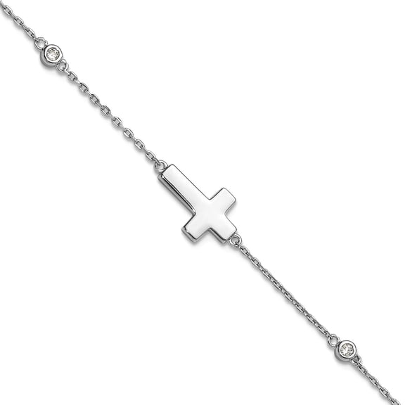 925 Sterling Silver Rhodium Plated Cubic Zirconia Sideways Religious Faith Cross With 1in Extension Bracelet 8 Inch Link