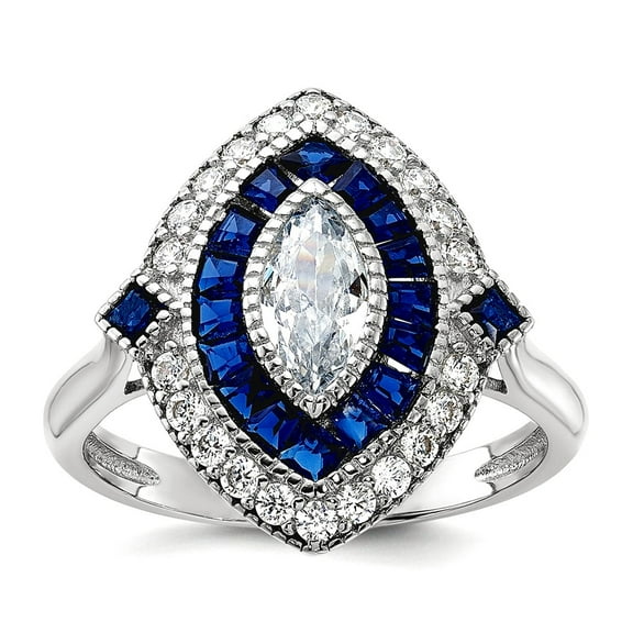925 Sterling Silver Rhodium Plated Cubic Zirconia and Simulated Blue Spinel Ring Size 8 2.05mm Wide Ring for Women