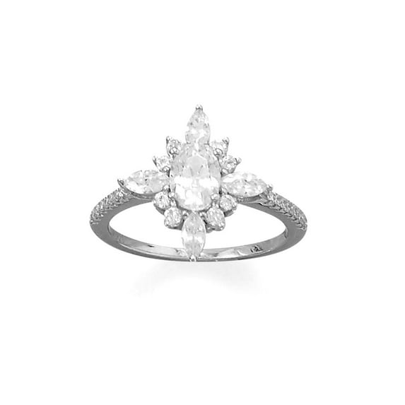 925 Sterling Silver Rhodium Plated Diamond Shaped Multi CZ Ring CZ 8 CZs on Each Side Stone Arrangement Ring for Women