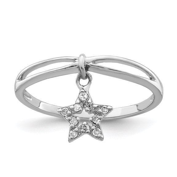 925 Sterling Silver Rhodium Plated Diamond Star Dangle Ring Size 8
