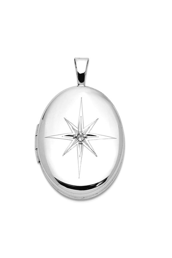 925 Sterling Silver Rhodium Plated Diamond Starburst 19x15mm Oval Locket Locket Necklace for Women