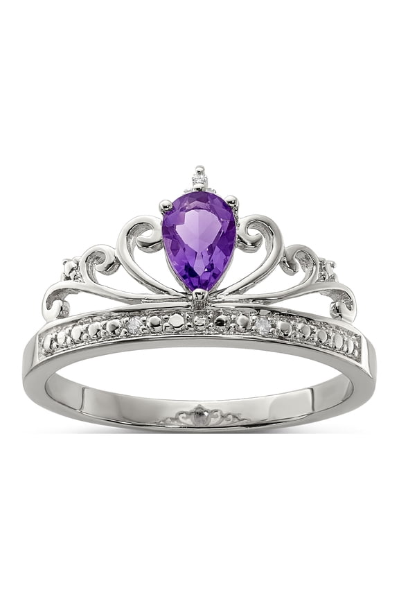 925 Sterling Silver Rhodium Plated Diamond and Amethyst Teardrop Ring Size 7