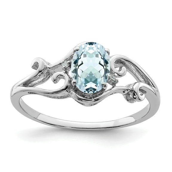 925 Sterling Silver Rhodium Plated Diamond and Aquamarine Oval Ring Size 6