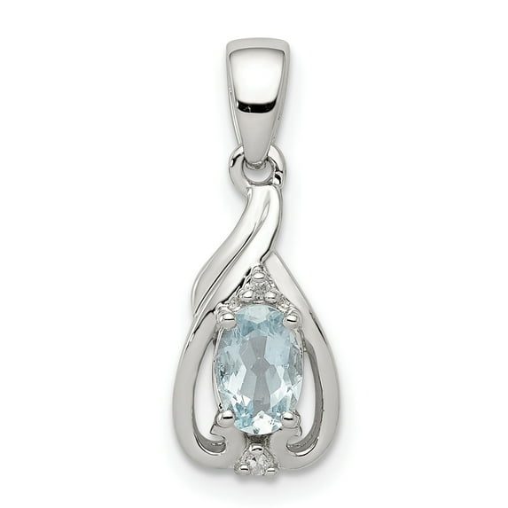 925 Sterling Silver Rhodium Plated Diamond and Aquamarine Oval Shaped Pendant