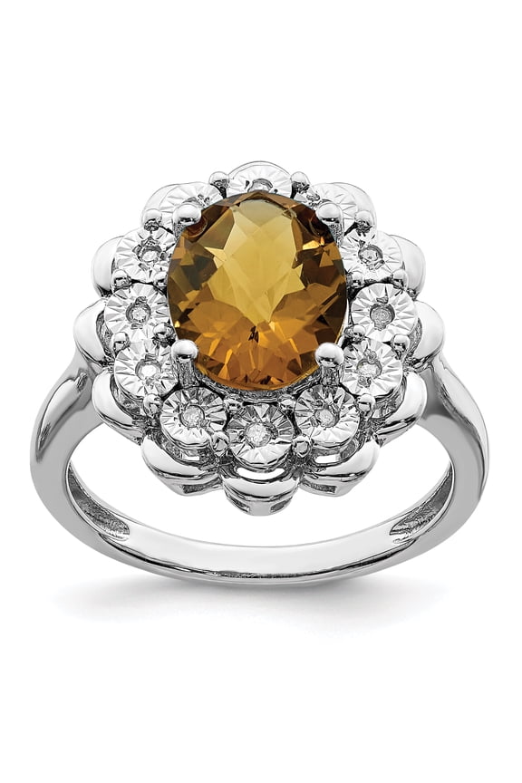 925 Sterling Silver Rhodium-Plated Diamond and Oval Checker-Cut Whiskey Quartz Ring Size 7