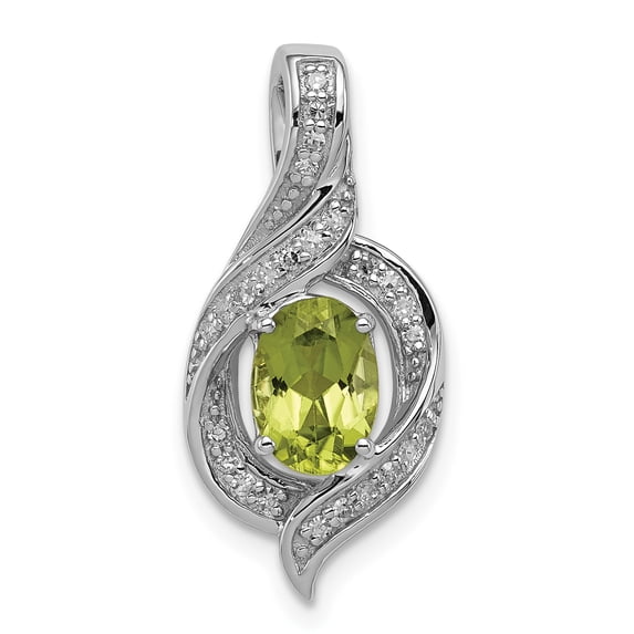 925 Sterling Silver Rhodium Plated Diamond and Peridot Oval Shaped Pendant