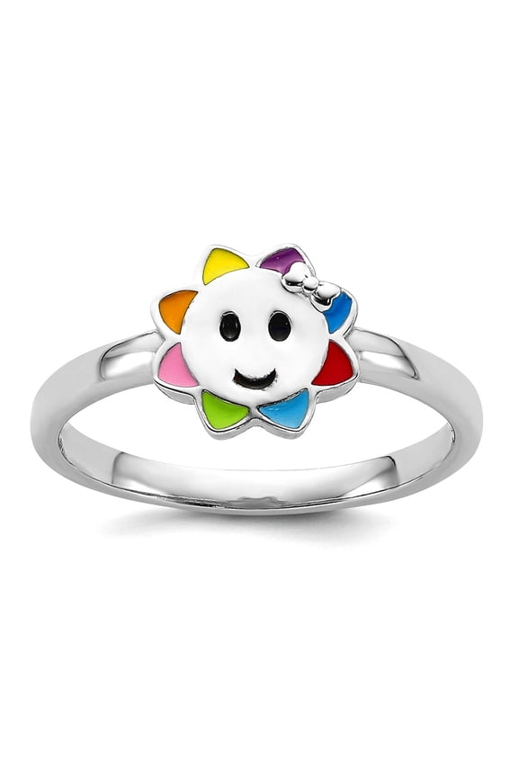 925 Sterling Silver Rhodium Plated Enamel Sun Ring Size 4 7.6mm Wide 1.3mm Thick Ring - 1.1 Grams