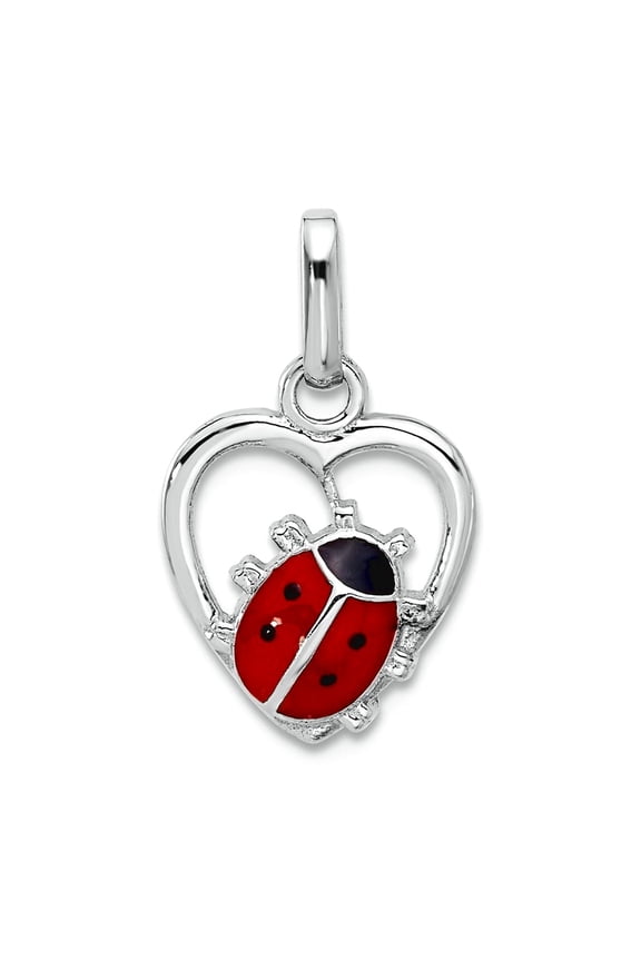 925 Sterling Silver Rhodium Plated Enameled Ladybug In Love Heart Pendant Necklace 17.8x11.4mm Wide Pendant for Women