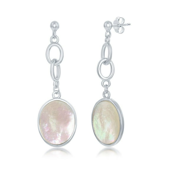 925 Sterling Silver Rhodium Plated/Gold Plated High Polished Oval Mother of Pearl Linked Chain Dangling Earrings