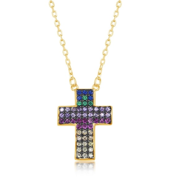 925 Sterling Silver Rhodium Plated/Gold Plated High Polished Rainbow Multi-Colored Cubic Zirconia Cross 16+2 inch Pendant Necklace