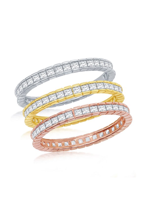 925 Sterling Silver Rhodium Plated/Gold Plated/Rose Gold Plated Channel Set Princess-Cut Cubic Zirconia Stackable Eternity Band Ring 3 Ring Set