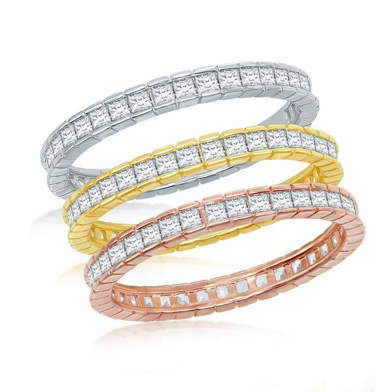 Rhodium-plated Sterling Silver Stackable Band Ring with Cubic Zirconia Rhodium-plated Sterling Silver Stackable Band Ring with Cubic Zirconia