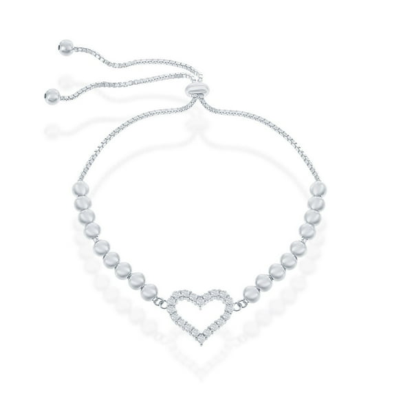 925 Sterling Silver Rhodium Plated/Gold Plated/Rose Gold Plated High Polished 4mm Beaded Cubic Zirconia Heart Adjustable Bolo Bracelet