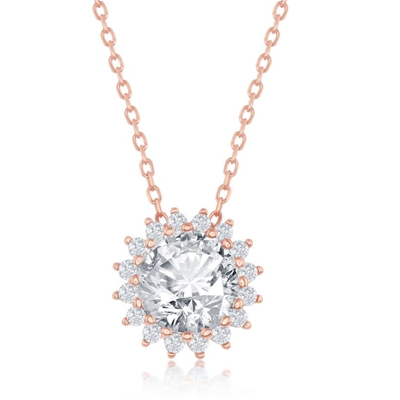 925 Sterling Silver Rhodium Plated/Gold Plated/Rose Gold Plated High Polished Round Halo Flower 8mm Cubic Zirconia Bridal Engagement 16+2’’ Pendant Necklace