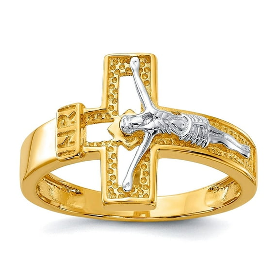 925 Sterling Silver Rhodium Plated Gold-tone Inri Crucifix Ring Size 7 14.1mm Wide Ring for Women