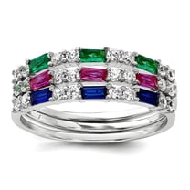 925 Sterling Silver Rhodium Plated Green Red and Blue Cubic Zirconia 3 Ring Set Size 6 Ring for Women