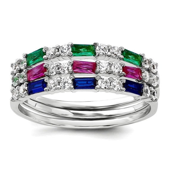 925 Sterling Silver Rhodium Plated Green Red and Blue Cubic Zirconia 3 Ring Set Size 6 Ring for Women