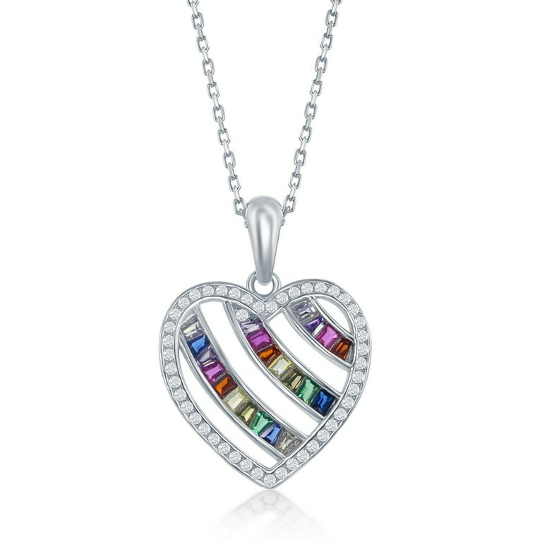 925 Sterling Silver Rhodium Plated High Polished 3-Row Rainbow  Multi-Colored Cubic Zirconia Chanel Set Open Heart 18'' Pendant Necklace 