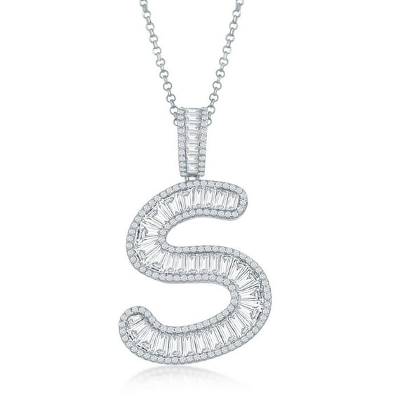 925 Sterling Silver Rhodium Plated High Polished Baguette Cubic Zirconia Large A, B, C, D, E, J, K, M, S Initial 18’’ Pendant Necklace