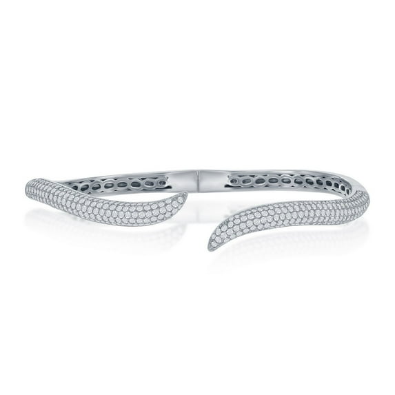 925 Sterling Silver Rhodium Plated High Polished Micro Pave Cubic Zirconia Hinged Wave Snake Design Bangle Bracelet