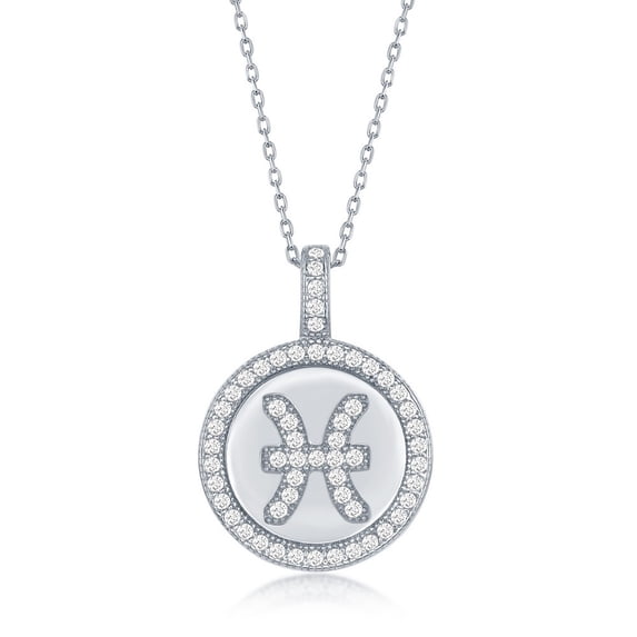 925 Sterling Silver Rhodium Plated High Polished Micro Pave Cubic Zirconia Zodiac Disc Pendant with 18’’ Chain Necklace