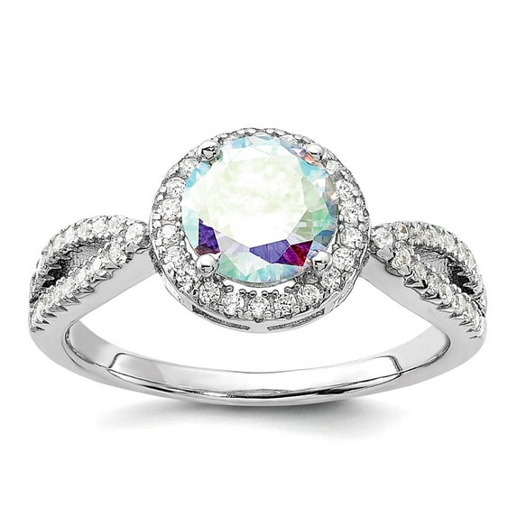 925 Sterling Silver Rhodium Plated Iridescent Cubic Zirconia Halo Ring Size 8 Ring for Women