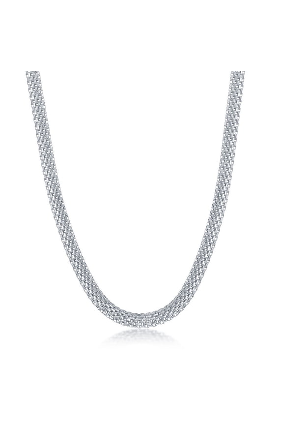 925 Sterling Silver Rhodium Plated Italian 5mm Flat Mesh Wire 17+2" Chain Necklace
